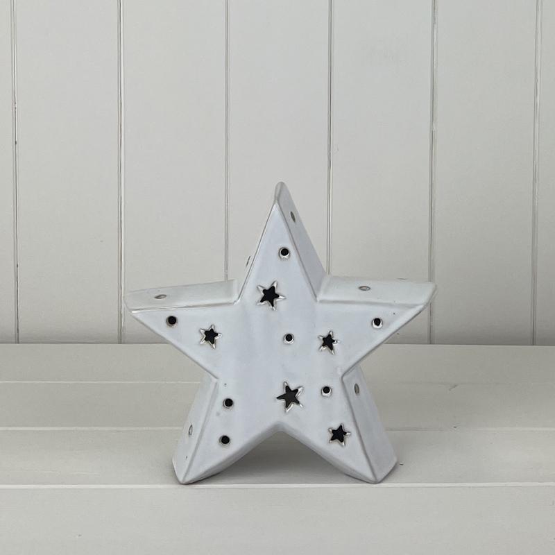 Small White Ceramic Star Ornament with LED
