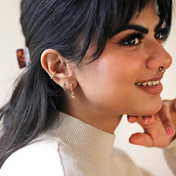 Green Baguette Crystal Huggie Hoop Earrings in Gold