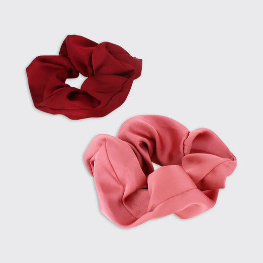 Set of 2 Satin Scrunchies - Red/ Rose