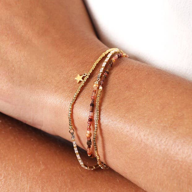 Brown Bead and Star Charm Multi Layer Bracelet in Gold