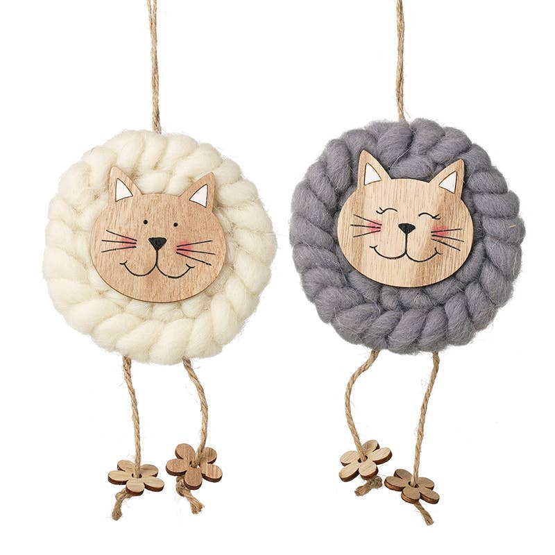 HANGING WOOD & WOOL CAT DECORATION MIX