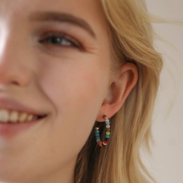 Small Colourful Beaded Hoop Earrings in Gold