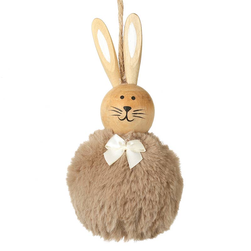 FLUFFY POMPOM WOODEN BUNNY DECORATION