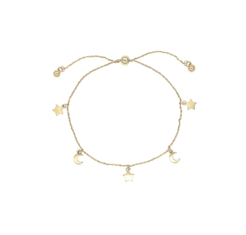 Brushed star and moon charm slider bracelet
