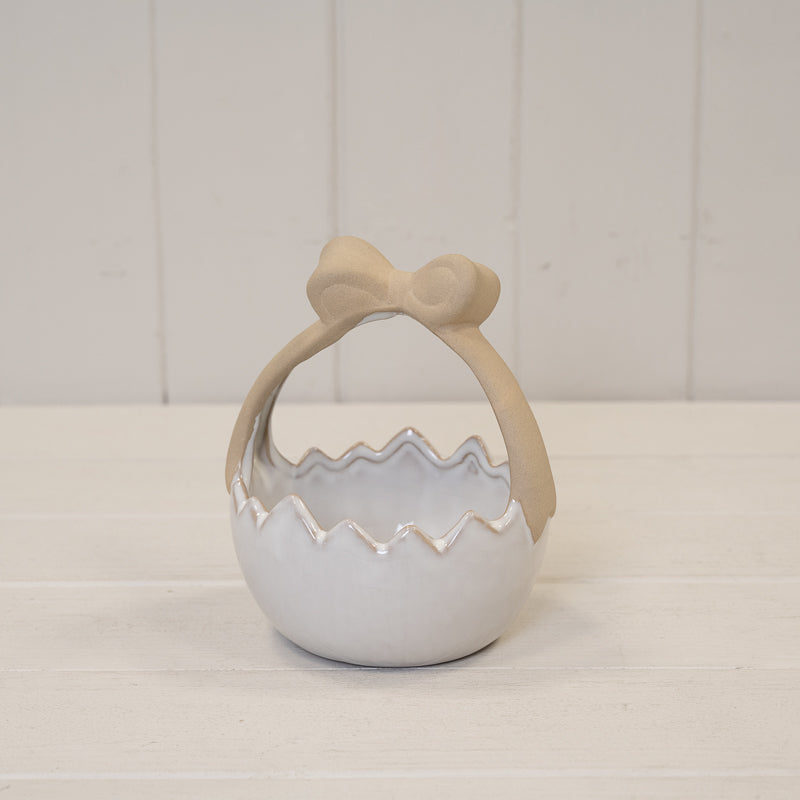 Ceramic Easter Egg Basket White Glazed with Unglazed Bow Handle