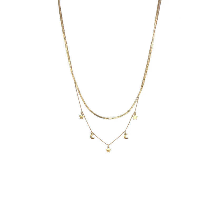 Brushed Star & Moon Charm layered necklace