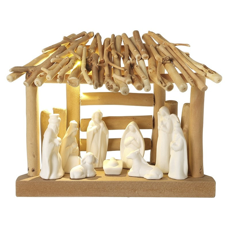 White Ceramic & Wood Led Nativity Scene