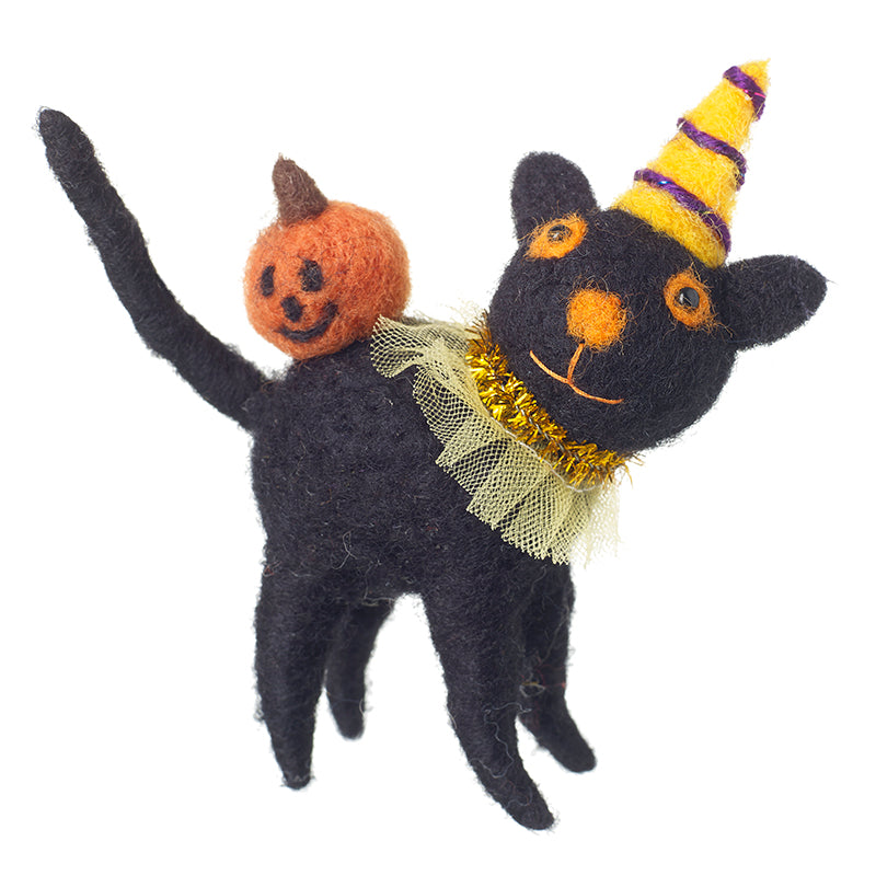 Black Felt Cat With Pumpkin