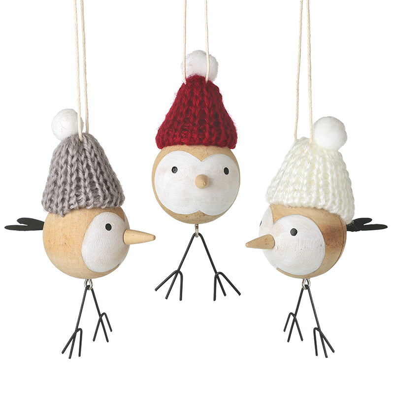 Wooden Birds In Pompom Hats Hanger Mix