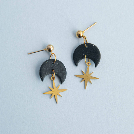 Celestial Gold Star Drop Earrings in Midnight Black