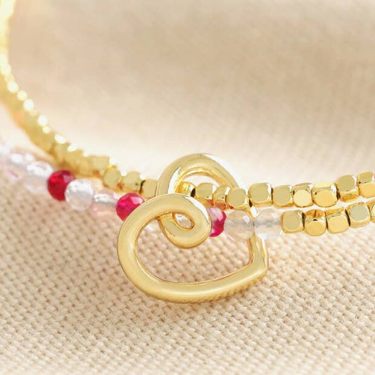 Pink Agate Beaded Heart Charm Bracelet in Gold