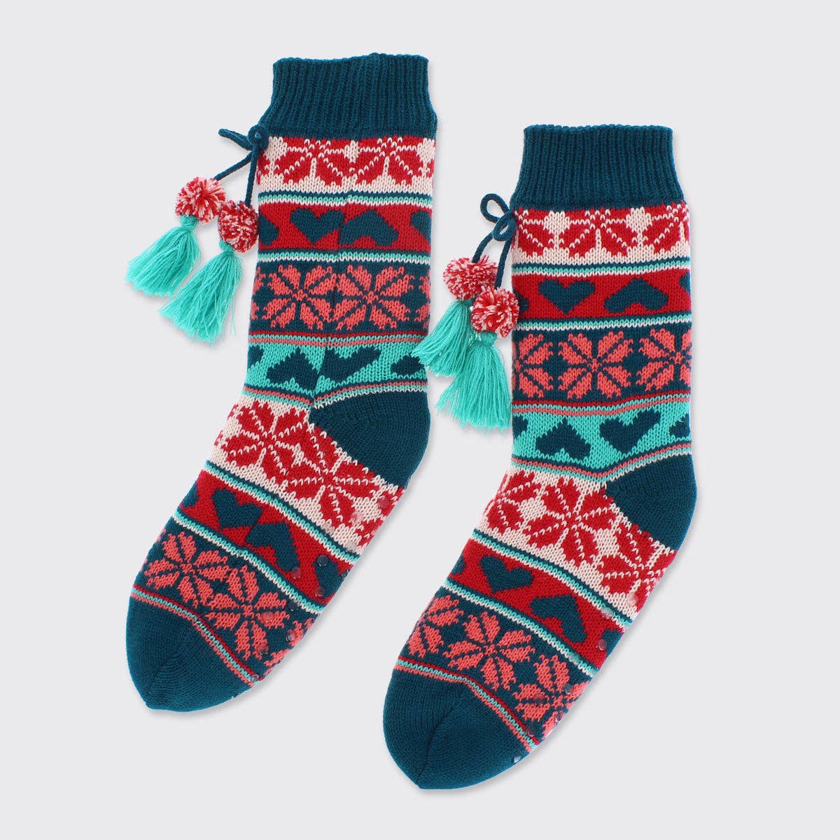 Winter Heart Slipper Socks - Teal