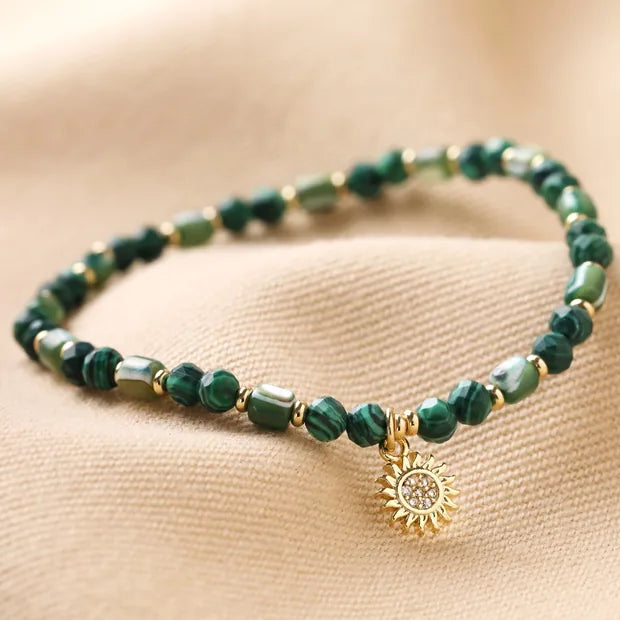 Green Semi-Precious Beaded Bracelet With Sun Charm