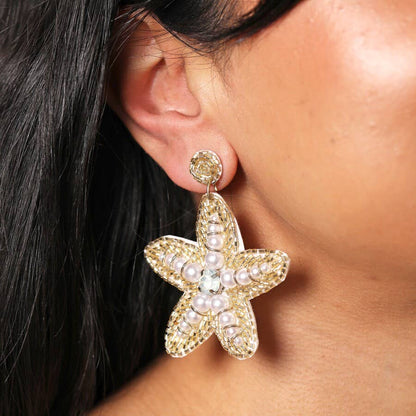 Beaded Gold & Pearl Starfish Earrings