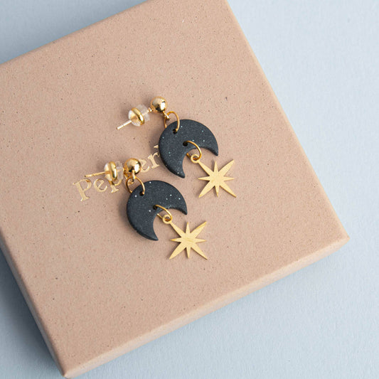 Celestial Gold Star Drop Earrings in Midnight Black