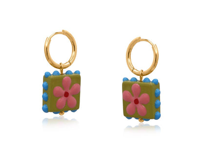 SANTA FE SQUARE FLORAL CHARM  EARRINGS