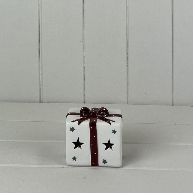 White Ceramic Present with Red Bow Decoration with LED