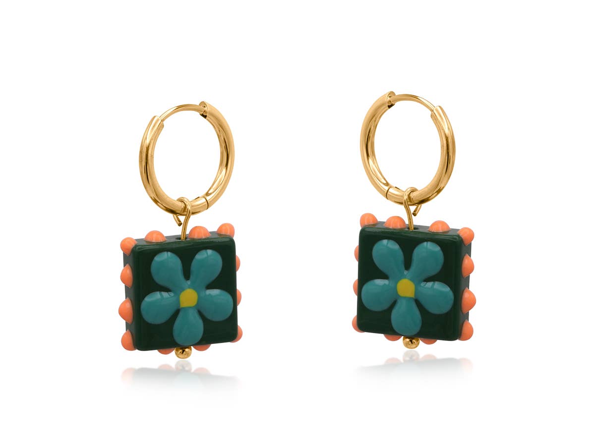 SANTA FE SQUARE FLORAL CHARM  EARRINGS