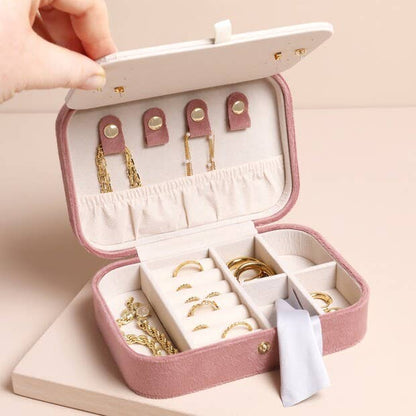 Rose Pink Velvet Rectangular Travel Jewellery Case