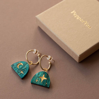 Moon Rising Arc Hoops in Teal Marble & Gold