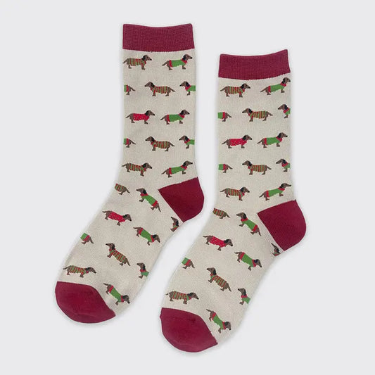Dachshund Socks - Natural/Burgundy