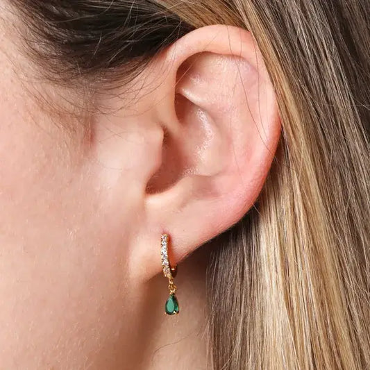 Green Teardrop Crystal Huggie Hoop Earrings in Gold