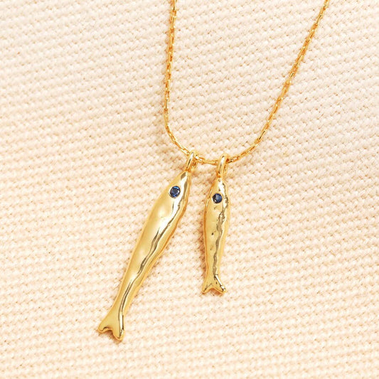 Double Hammered Fish Pendant Necklace in Gold
