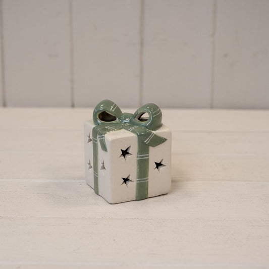 White/Green Ceramic Present with LED L6.5xW6.5xH8.5cm