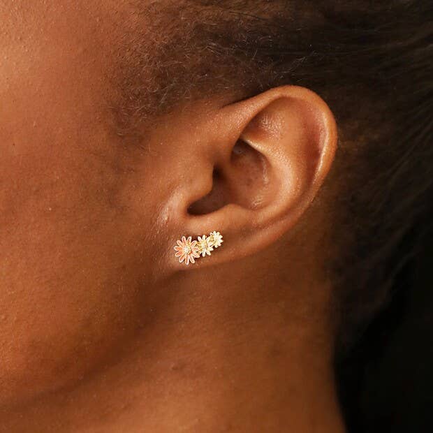Triple Enamel Flower Stud Earrings in Gold