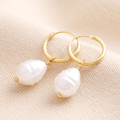 Sterling Silver Pearl Drop Huggie Hoops in Gold
