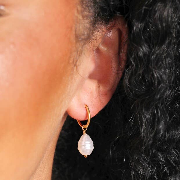 Sterling Silver Pearl Drop Huggie Hoops in Gold