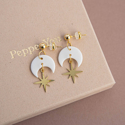 Celestial Gold Star Drop Earrings in Pearly White