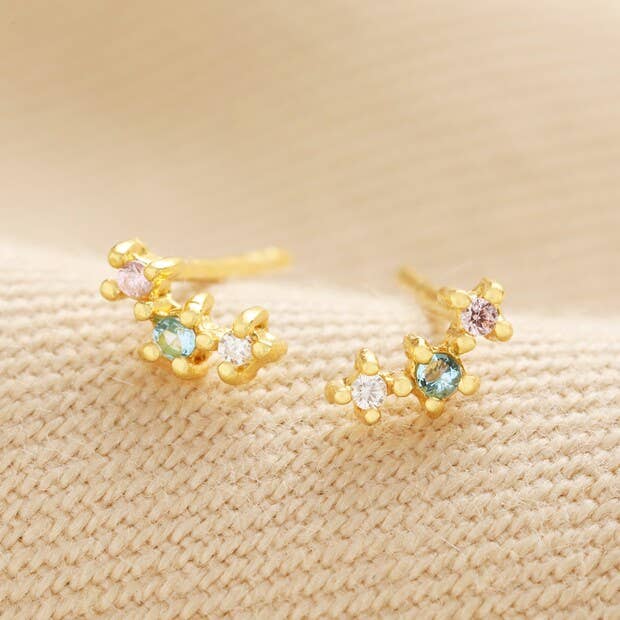 Gold Sterling Silver Triple Pastel Crystal Stud Earrings