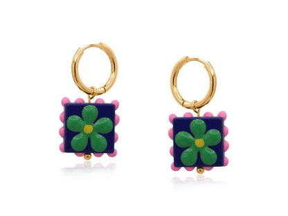 SANTA FE SQUARE FLORAL CHARM  EARRINGS