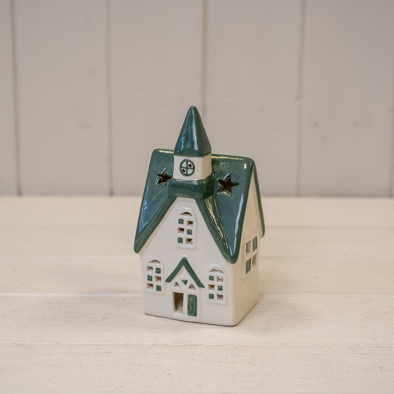 White/Green Ceramic House Tealight holder
