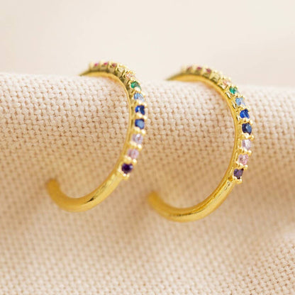 Rainbow Crystal Hoop Earrings in Gold