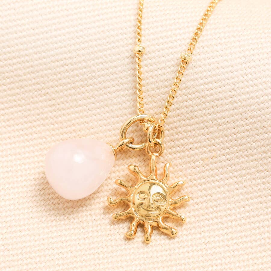 Sun Pendant and Pink Rose Quartz Necklace in Gold