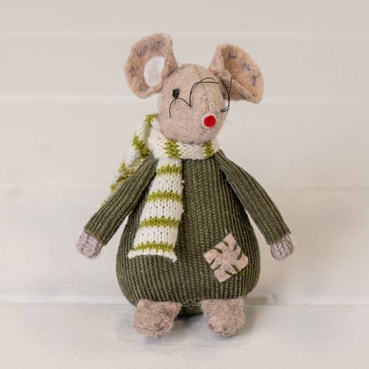 Fabric Mouse with Green Jumper and Stripey Scarf