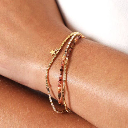 Brown Bead and Star Charm Multi Layer Bracelet in Gold