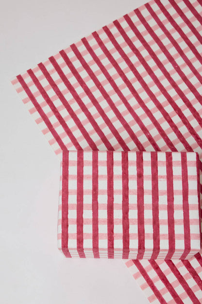 Block Printed Wrapping Paper Sheets - Gingham Christmas Pudding