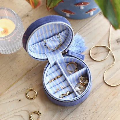 Moonrise Mini Round Velvet Travel Jewellery Case in Blue