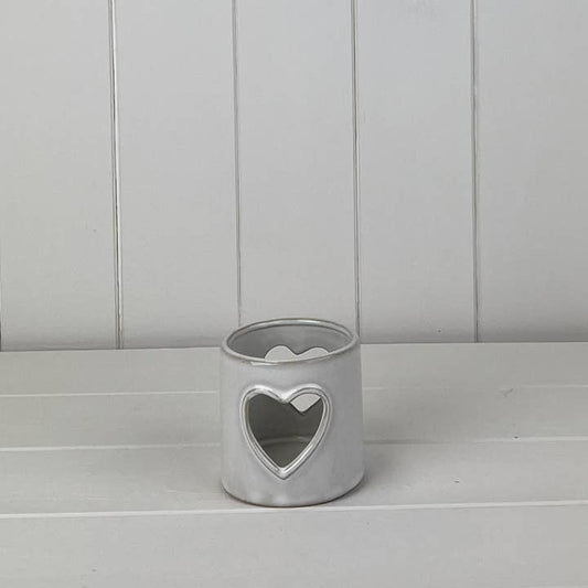 Glazed Ceramic Tealight Holder with Heart Cut Out with Textured Detail (7.7cm)
