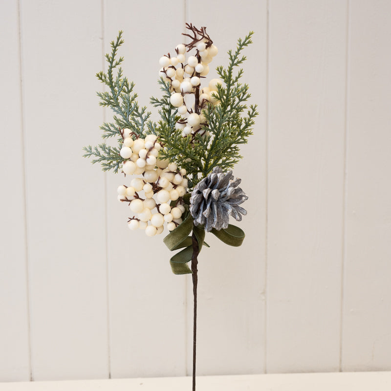 White Berry Pick with Green Ribbon