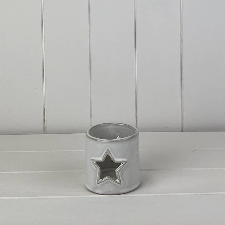 Glazed Ceramic Tealight Holder with Star Cut Out with Textured Detail (7.7cm)