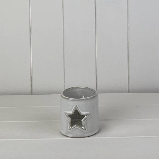 Glazed Ceramic Tealight Holder with Star Cut Out with Textured Detail (7.7cm)