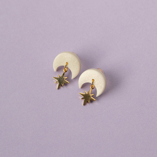 Celestial Gold Star Drop Earrings in Pearly White
