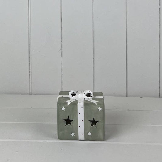 Green Ceramic Present with White Bow Decoration with LED(9.1cm)