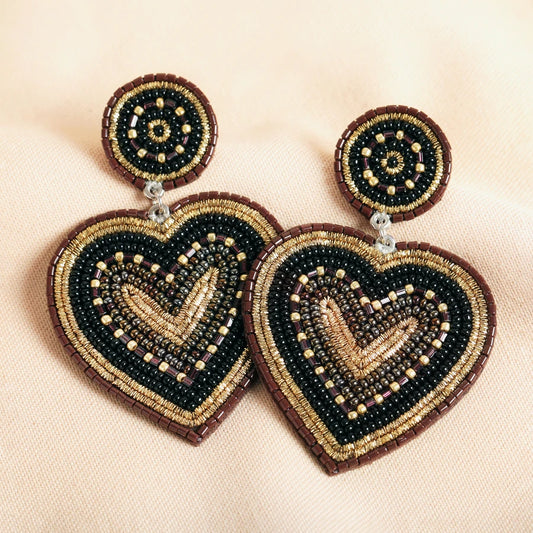 Black Beaded Heart Drop Earrings