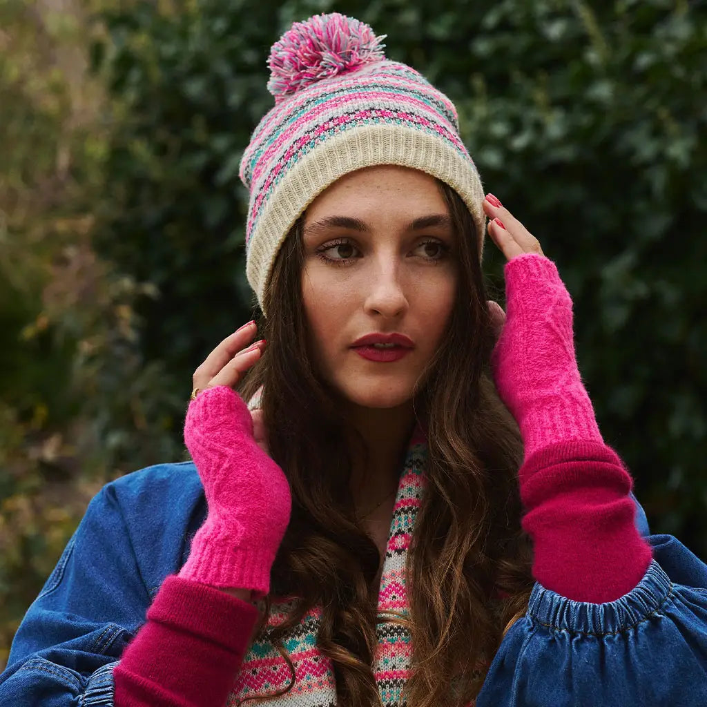 Thea Fairisle Bobble Hat - Cream / Pink
