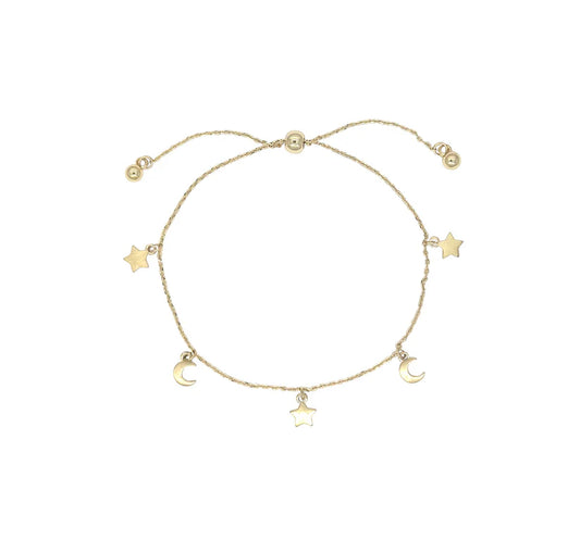 Brushed star and moon charm slider bracelet